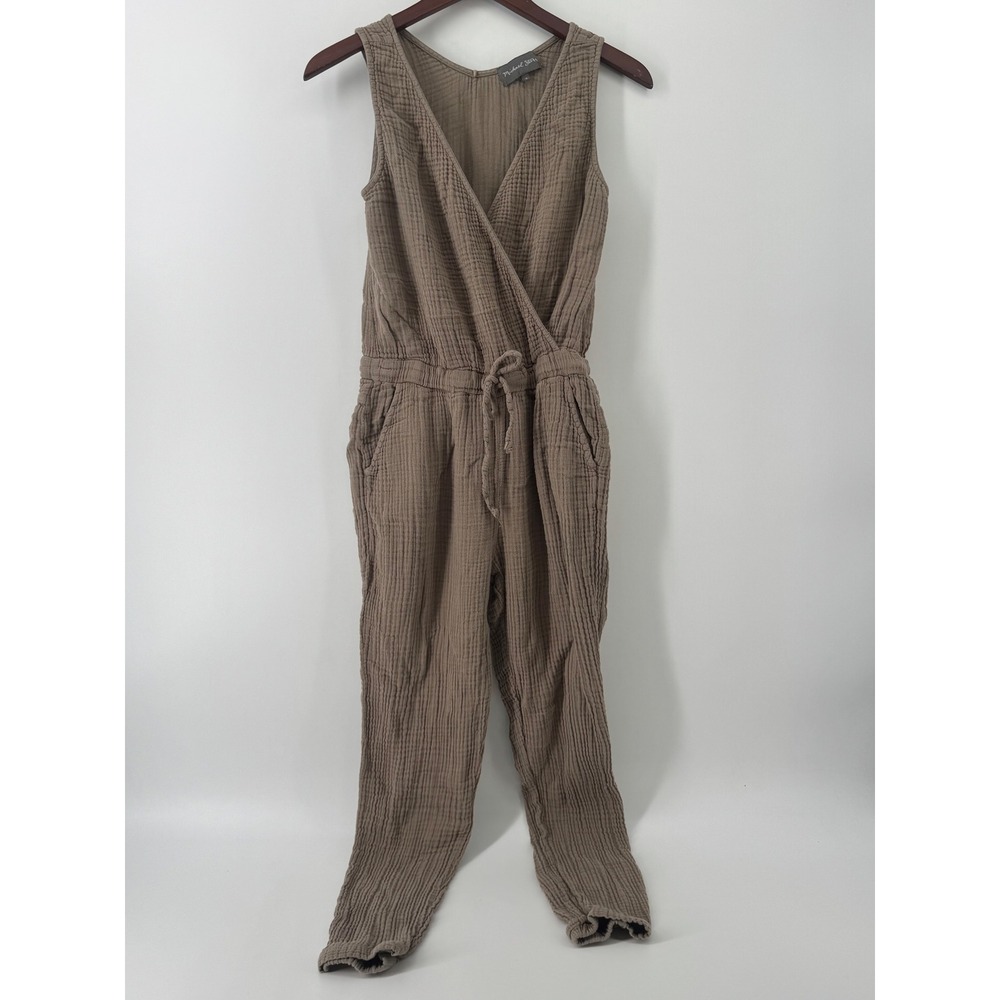 Michael Stars Women Taupe Double Gauze Cotton Surplice Wrap Jumpsuit Small